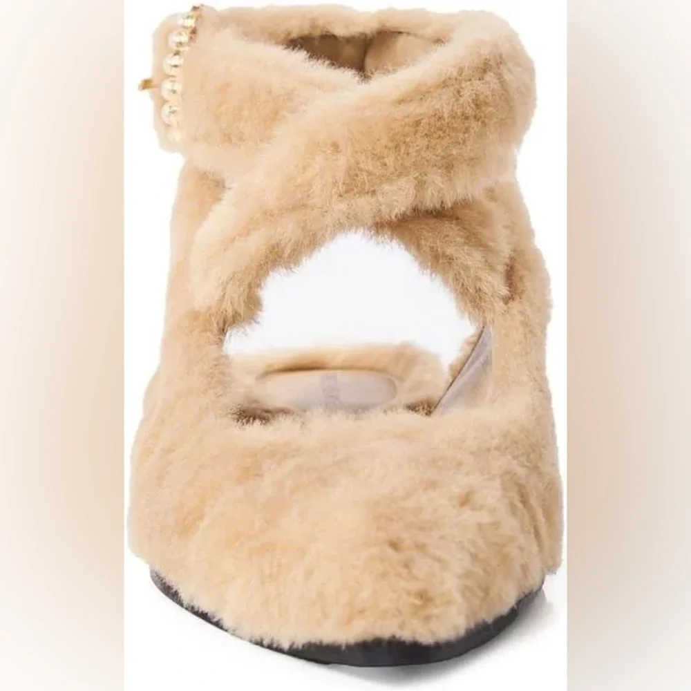 Free People Faux Fur Shearling Parisa Pointed Fuzzy Flats Almond Butter 8.5 NWT